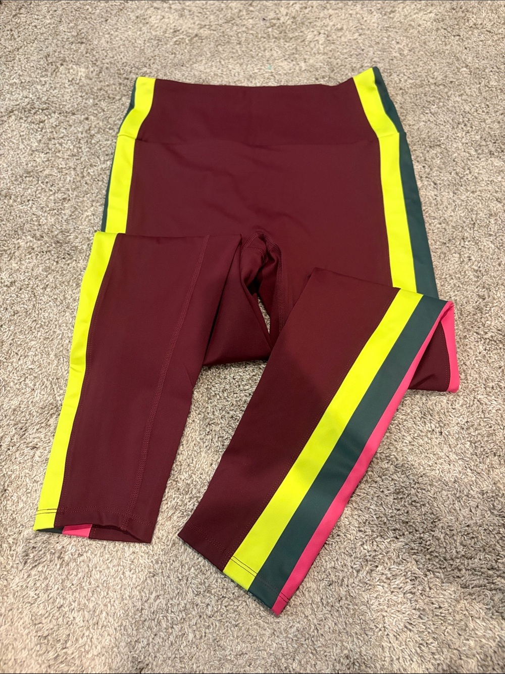 High-Rise Maroon Leggings with Neon Contrast Side Stripes